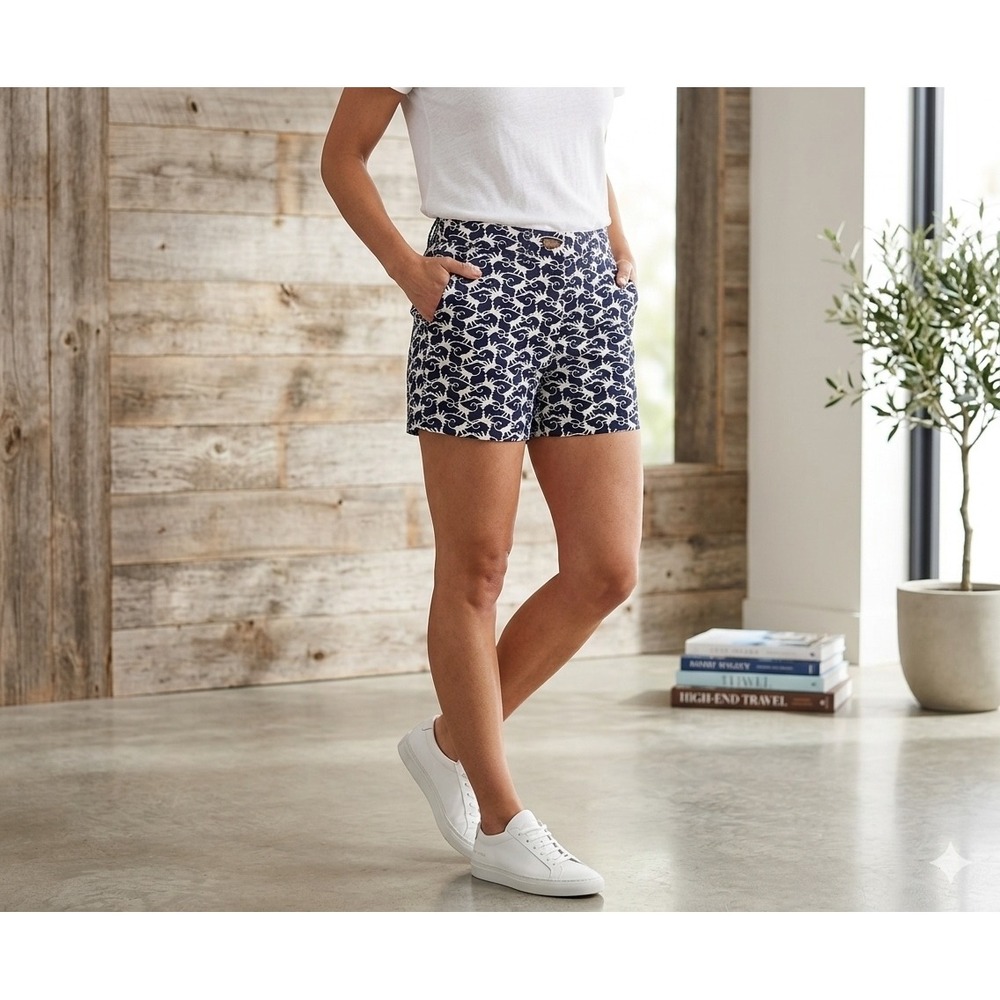 Crown & Ivy Womens Navy White Monkey Print Chino Shorts Size 4 Preppy Summer